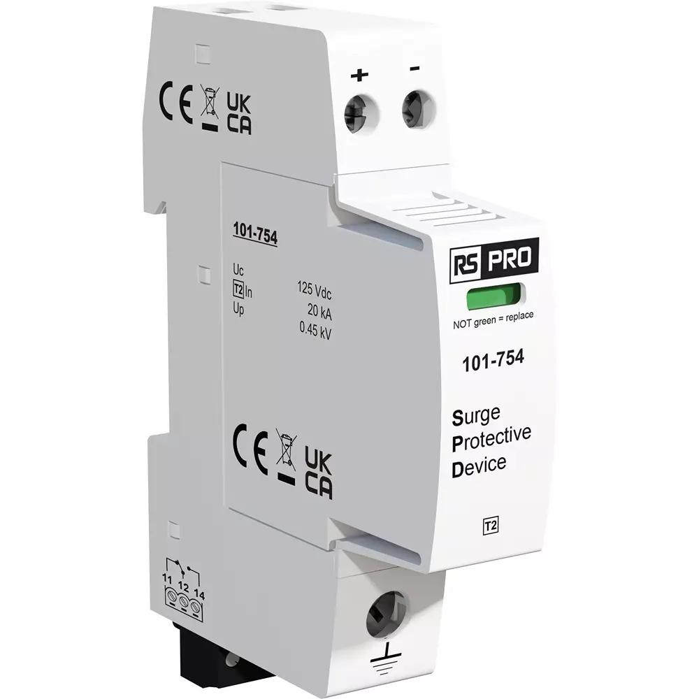 RS PRO Industrial Surge Protector DIN Rail Mount 450 V Voltage 40 kA 18 mm Length, 101754