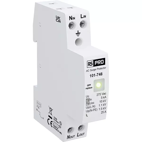 RS PRO Industrial Surge Protector DIN Rail Mount 1.1 kV Voltage 10 kA 18 mm Length, 101748