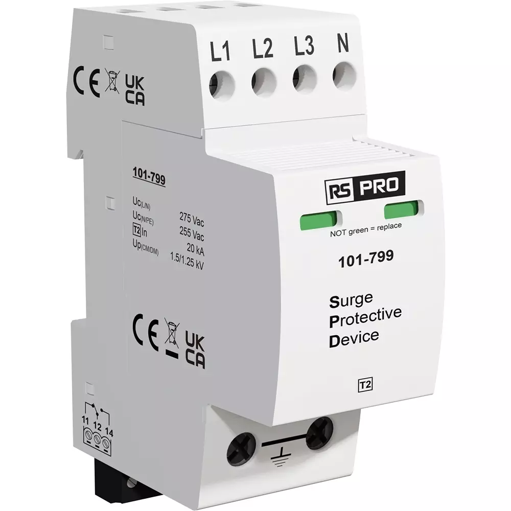 RS PRO Industrial Surge Protector DIN Rail Mount 90 mm -40°C 85°C 40 kA 1.25 kV, 101799