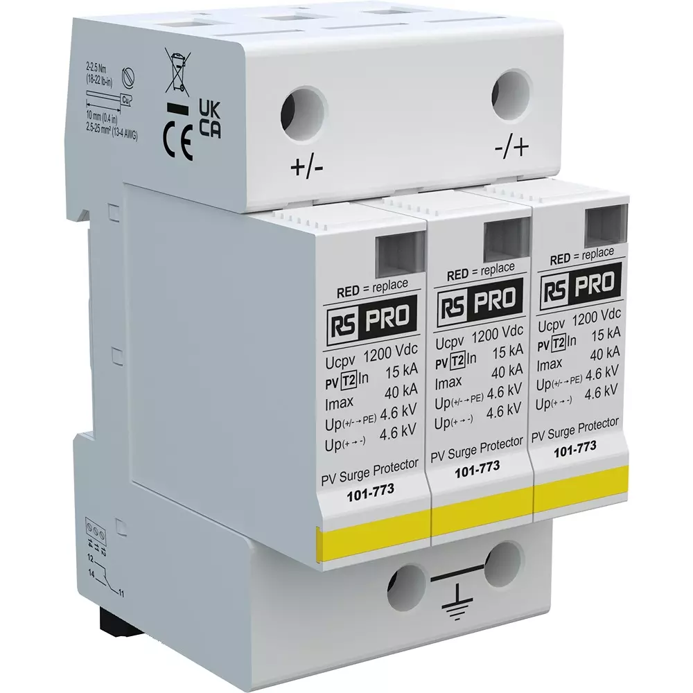 RS PRO Industrial Surge Protector DIN Rail Mount 90 mm -40°C 85°C 40 kA 4.6 kV, 101773