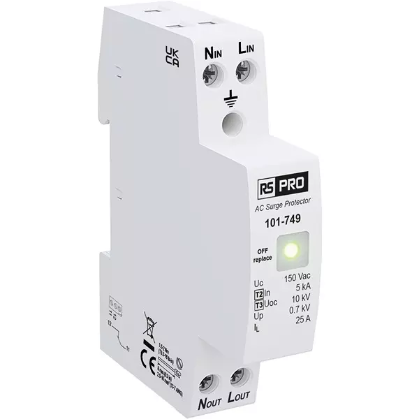 RS PRO Industrial Surge Protector DIN Rail Mount 90 mm -40°C 85°C 10 kA 1.3 kV, 101749