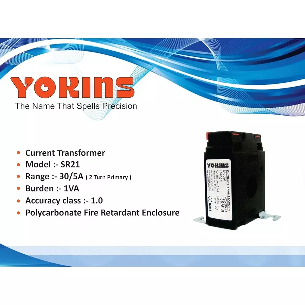 YOKINS Current Transformer Rectangular Shape 30/5A Two Turn Range 1 VA Burden 21 mm Inner Diameter	, SR21-30.5A-2TP-1VA-1.0