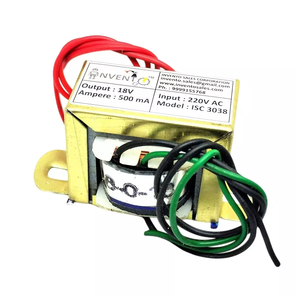 Invento Step Down Centre Tapped Transformer Copper Winding 18-0-18 Type 500 mA Current 220-18 V AC, ISC 3038-3 (Pack of 8 Pcs)