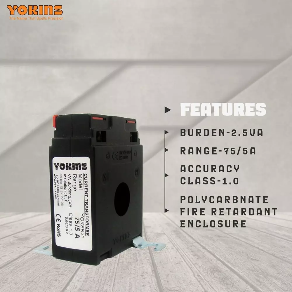YOKINS Current Transformer Rectangular Shape 75/5A Range 2.5 VA Burden 21 mm Inner Diameter	, SR21-75.5A-2.5VA-1.0