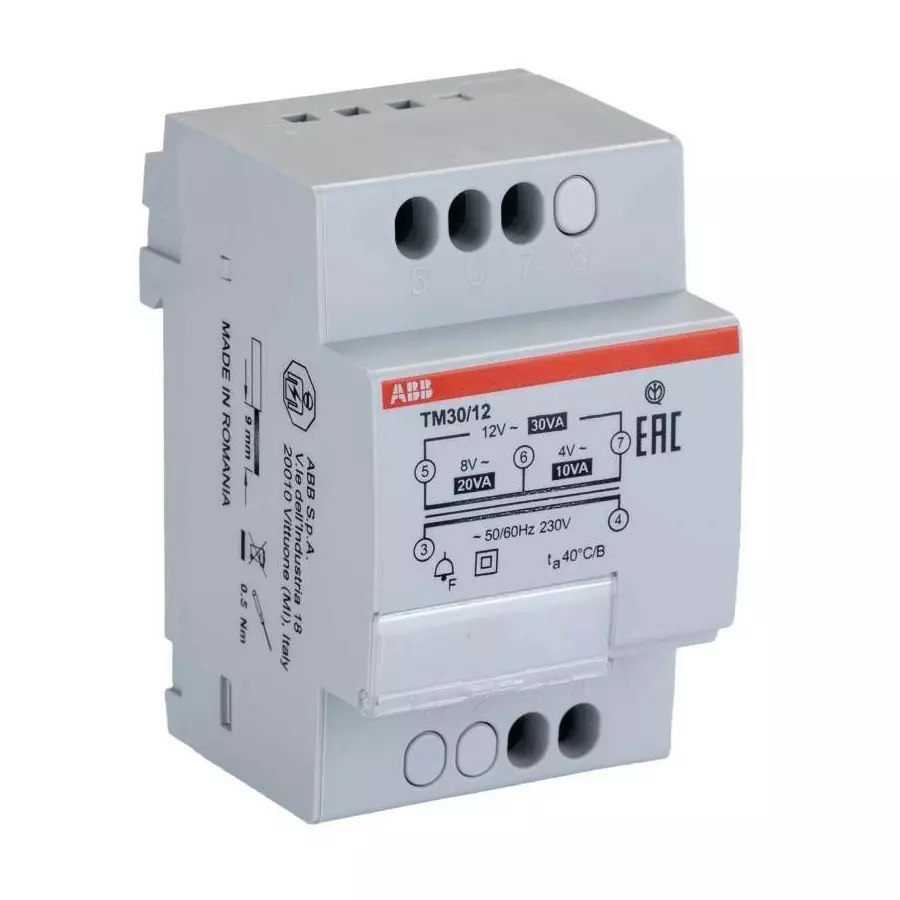 ABB 30W DIN Rail Mount Transformer, EN 61558, 230V Primary, 4 V AC, 8 V AC, 12 V AC Secondary, 2CSM228755R0802TM30/12