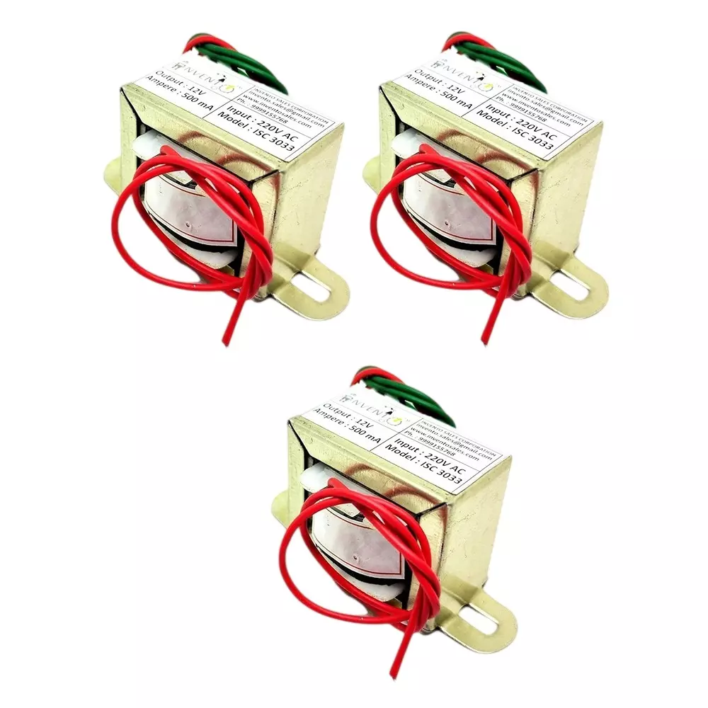 Invento Step Down Centre Tapped Transformer Copper Winding 12-0-12 Type 500 mA Current 220-12 V AC, ISC 3033-1 (Pack of 3 Pcs)