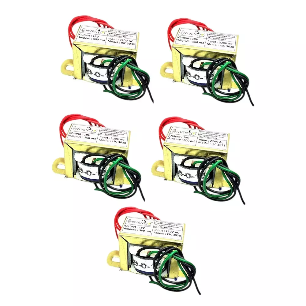Invento Step Down Centre Tapped Transformer Copper Winding 18-0-18 Type 500 mA Current 220-18 V AC, ISC 3038-2 (Pack of 5 Pcs)