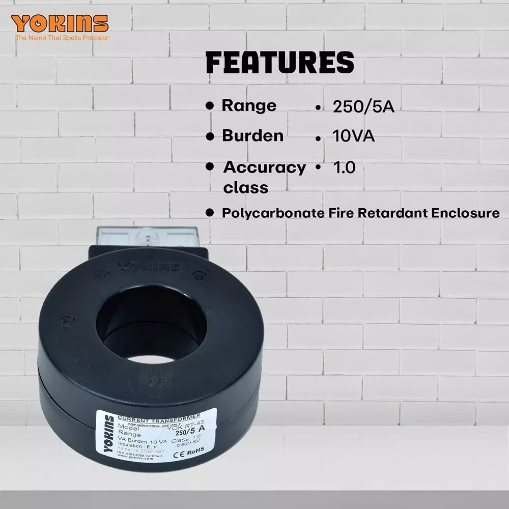 YOKINS Current Transformer Round Shape 250/5A Range 10 VA Burden 43 mm Inner Diameter	, RT43-250.5A-10VA-1.0