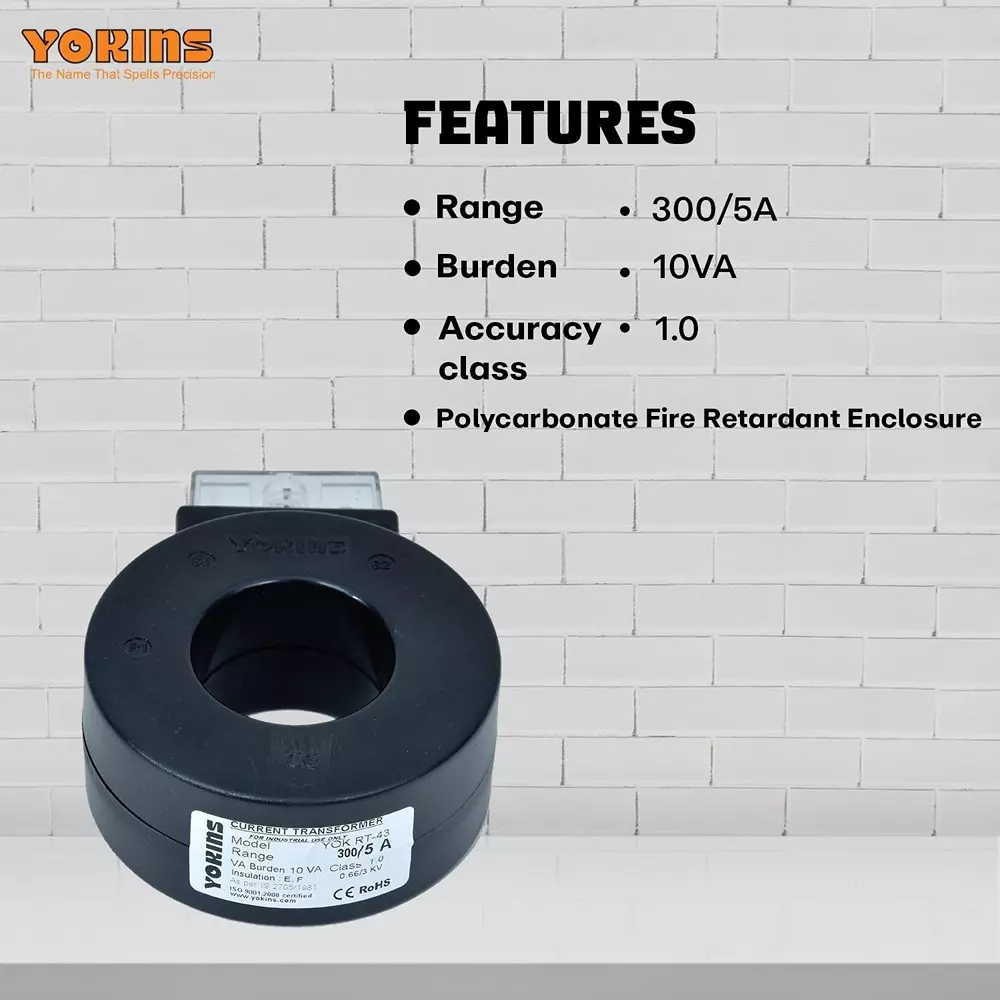 YOKINS Current Transformer Round Shape 300/5A Range 10 VA Burden 43 mm Inner Diameter	, RT43-300.5A-10VA-1.0
