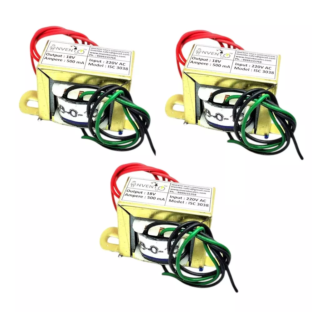 Invento Step Down Centre Tapped Transformer Copper Winding 18-0-18 Type 500 mA Current 220-18 V AC, ISC 3038-1 (Pack of 3 Pcs)