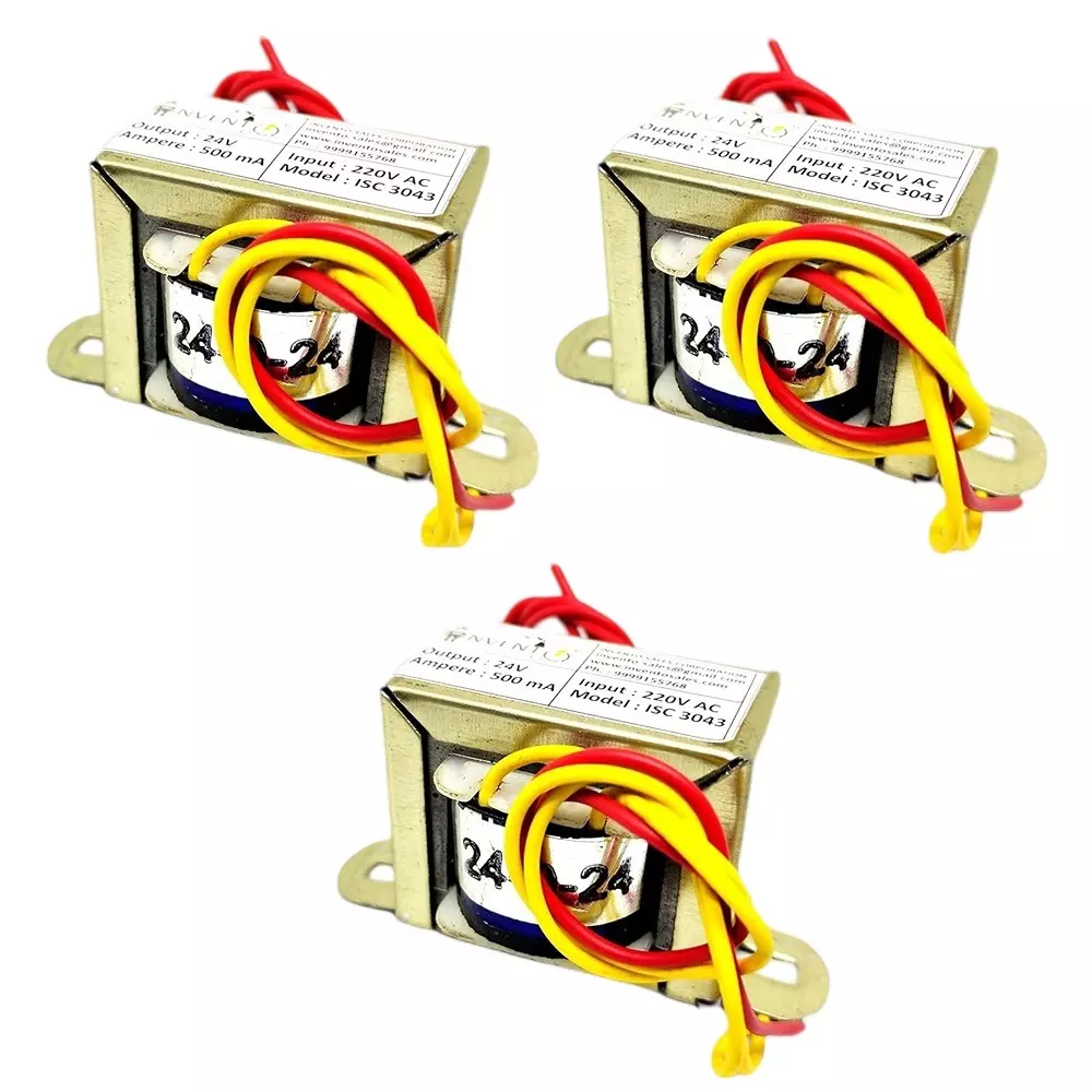 Invento Step Down Centre Tapped Transformer Copper Winding 24-0-24 Type 500 mA Current 220-24 V AC, ISC 3043-1 (Pack of 3 Pcs)