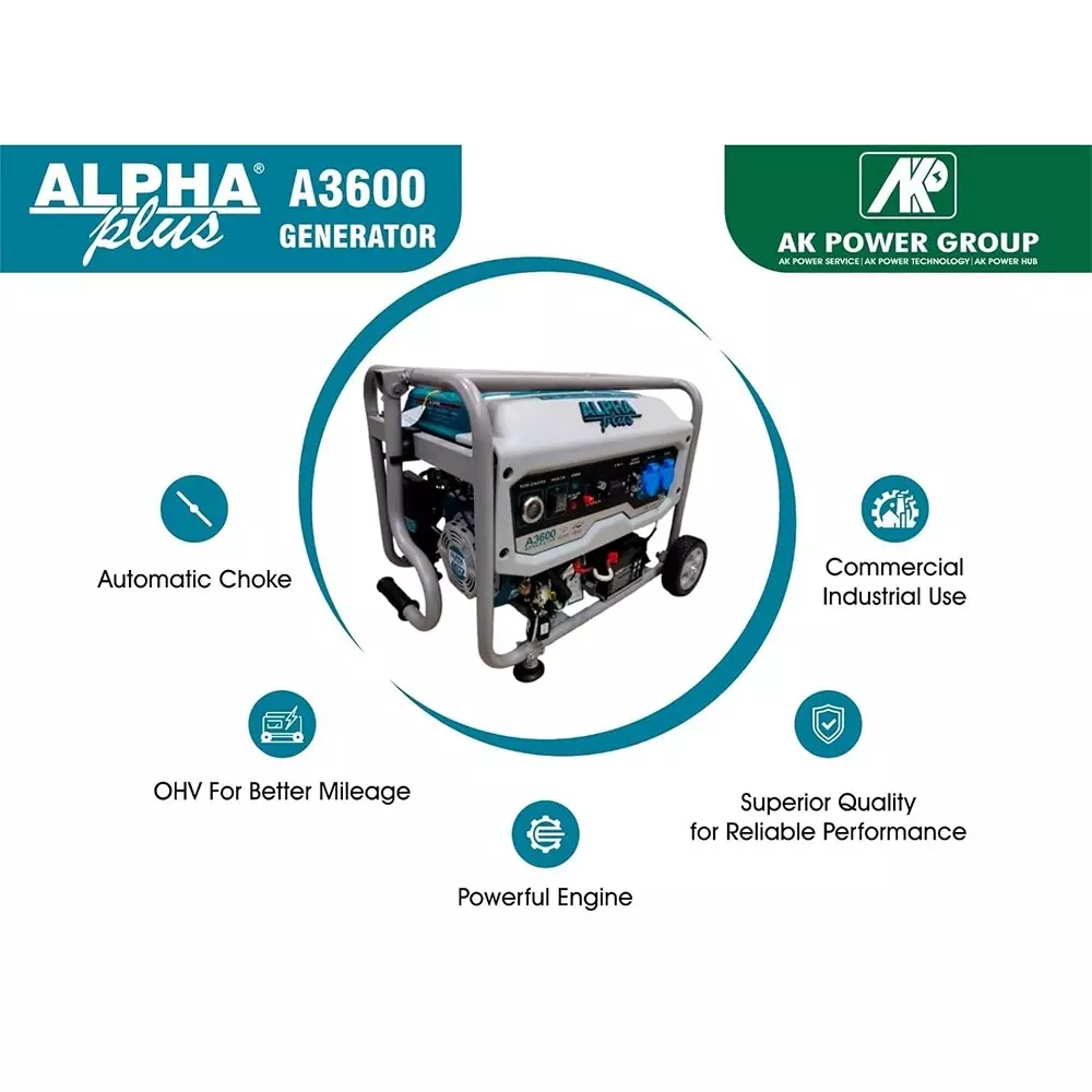 Alpha Plus Portable Generators With Remote AVR 2800 W Rated Output 15 L Fuel Capacity 212 CC Engine, A3600
