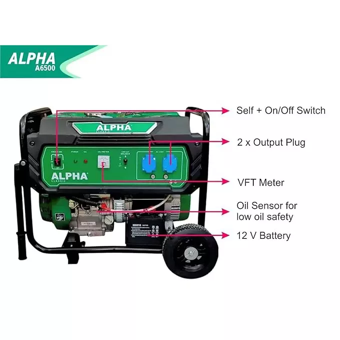 Alpha Portable Generators AVR 5000 W Rated Output 25 L Fuel Capacity 420 CC Engine, A6500