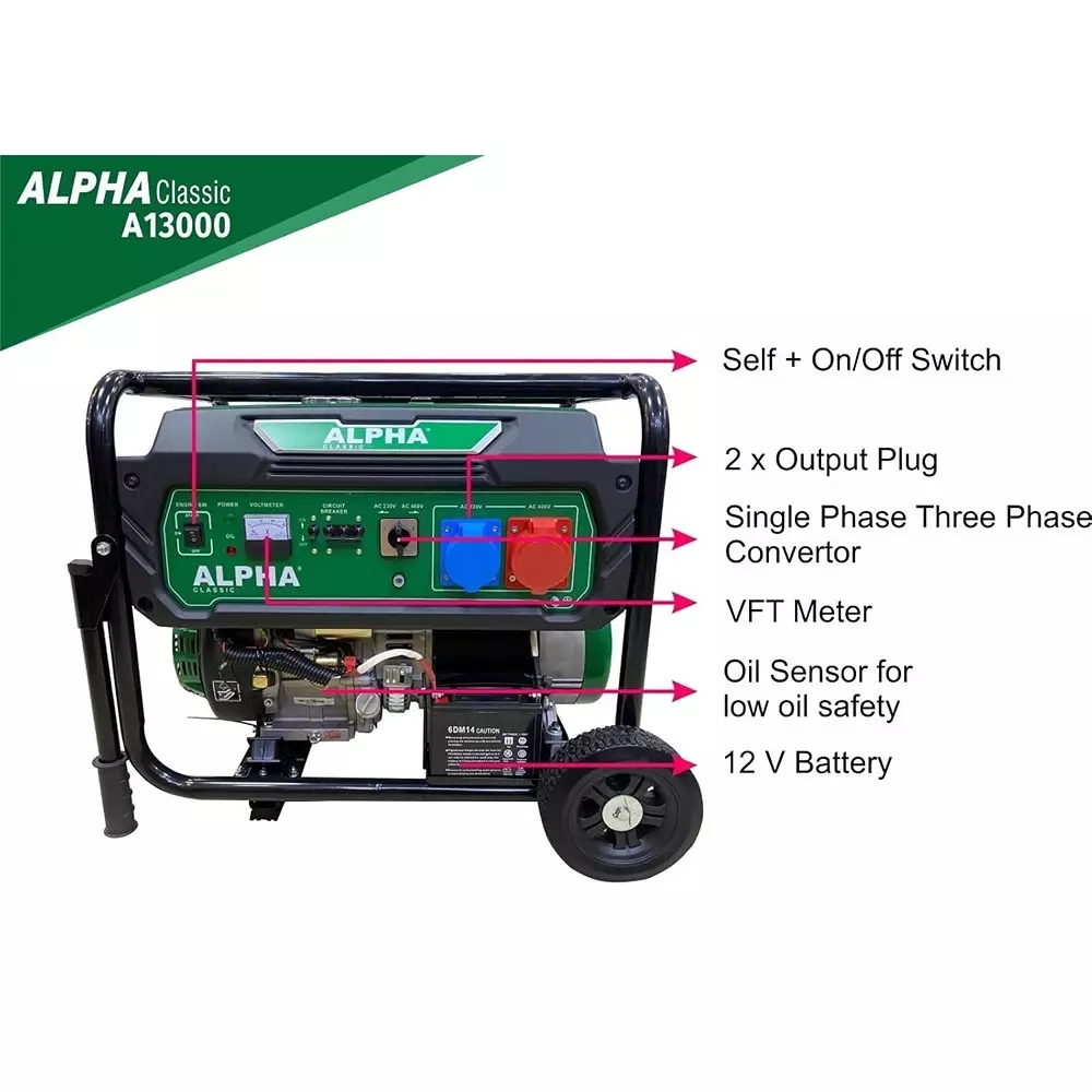 Alpha Portable Generators AVR 9000 W Rated Output 25 L Fuel Capacity 550 CC Engine, A13000