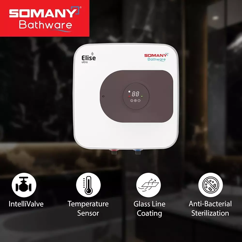 Somany Water Heater Geyser Signature Collection Vertical 2000 W Upto 8 Bar Pressure 25 L White, Elise Ultra