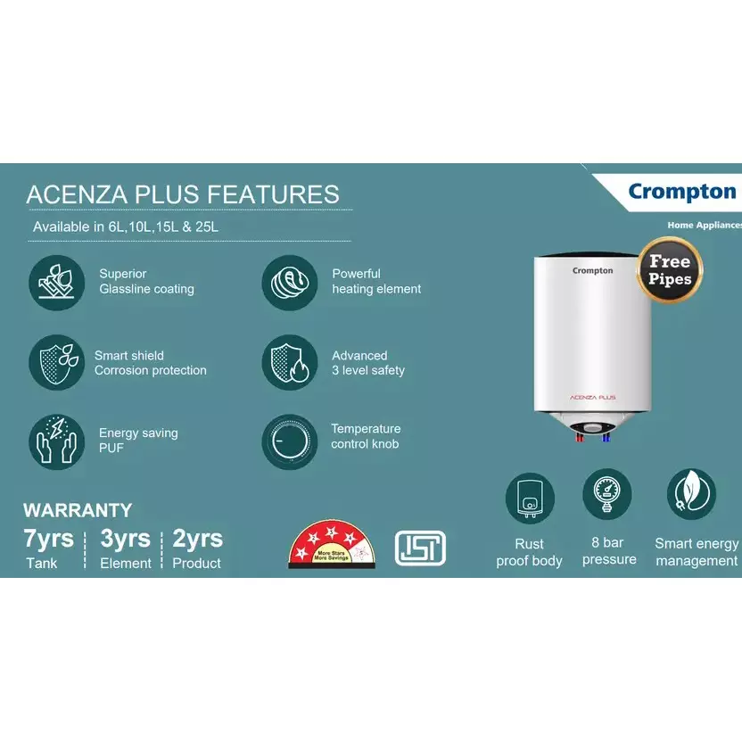 Crompton Acenza Plus 10 L White Storage Water Heater Geyser