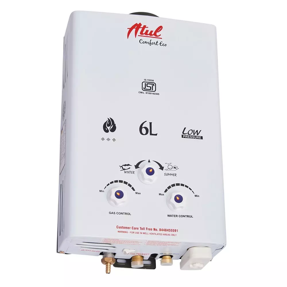ATUL Instant Geyser LPG Gas Operated Fully Automatic Low Pressure 6 L Capacity with Copper Tank, Comfort Eco