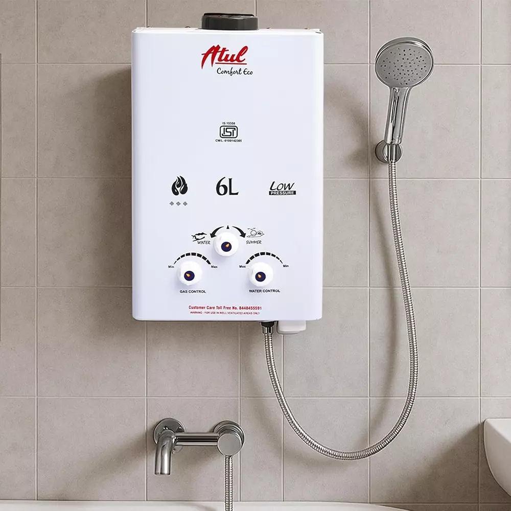 ATUL Instant Geyser LPG Gas Operated Fully Automatic Low Pressure 6 L Capacity with Copper Tank, Comfort Eco