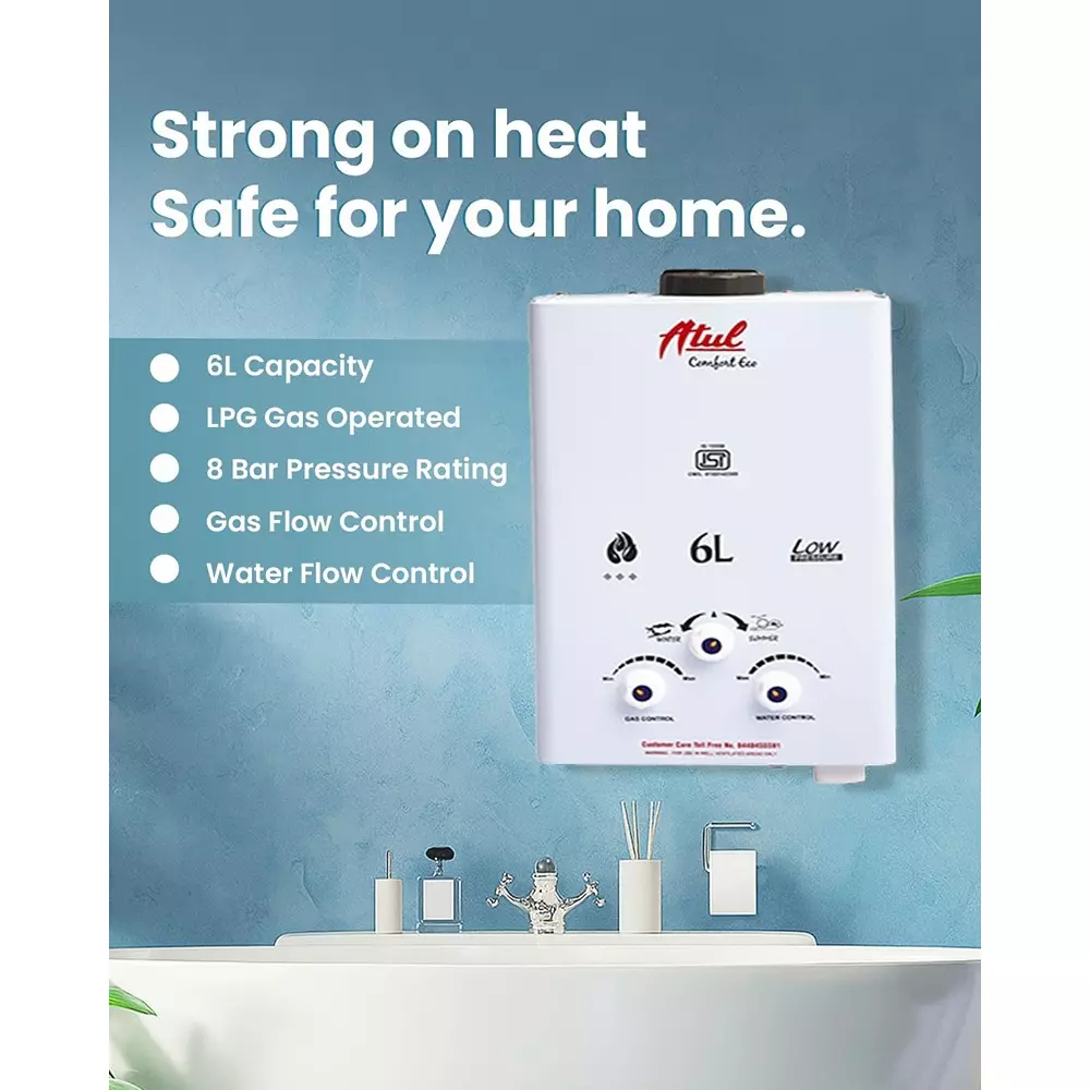 ATUL Instant Geyser LPG Gas Operated Fully Automatic Low Pressure 6 L Capacity with Copper Tank, Comfort Eco