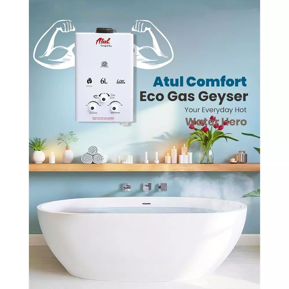 ATUL Instant Geyser LPG Gas Operated Fully Automatic Low Pressure 6 L Capacity with Copper Tank, Comfort Eco