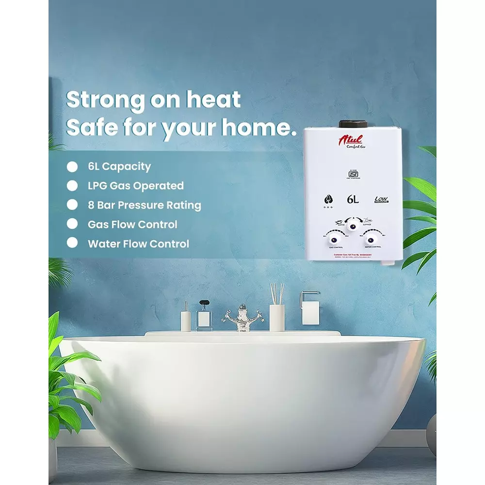 ATUL Instant Geyser LPG Gas Operated Fully Automatic Low Pressure 6 L Capacity with Copper Tank, Comfort Eco