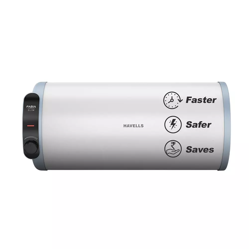 Havells 25 L Fabia Slim 3S Left Storage Water Heater Geyser Horizontal Wall Mounted and 2000 W Rating in White & Blue Color, GHWLFSUMEW25