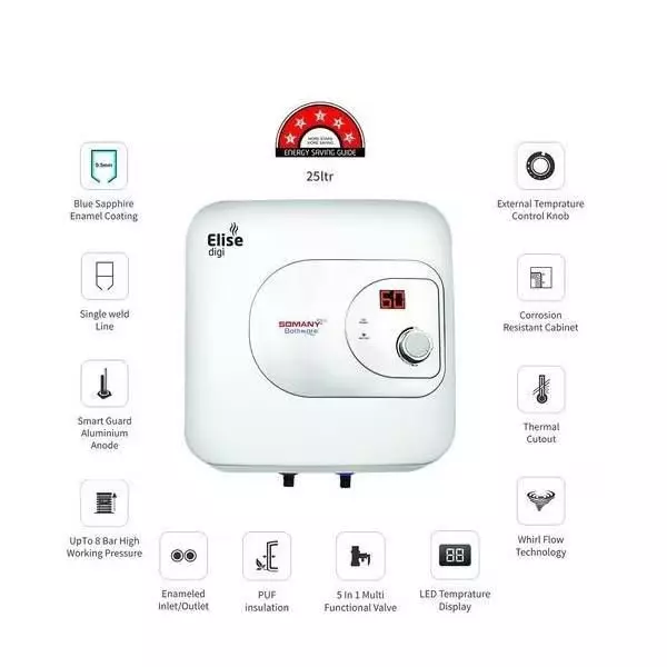 Somany Water Heater Geyser Signature Collection Vertical 2000 W Upto 8 Bar Pressure 25 L White, Elise Digi