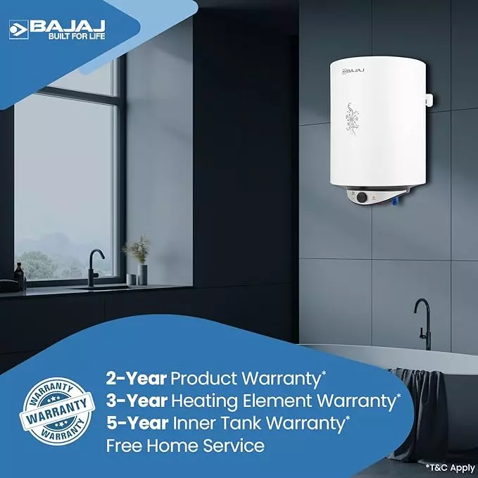 Bajaj 10 L Storage Water Heater Geyser Wall Mount Vertical Orientation 2000 W, 8 Bar Pressure, Edrea