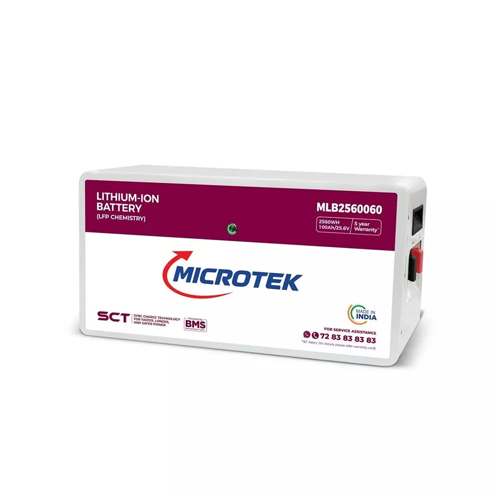 Microtek MTEK LiFePO₄ Lithium Inverter Battery 100 Ah White Single Phase Wall Mounted for Home, Office, 899-BA1-1025