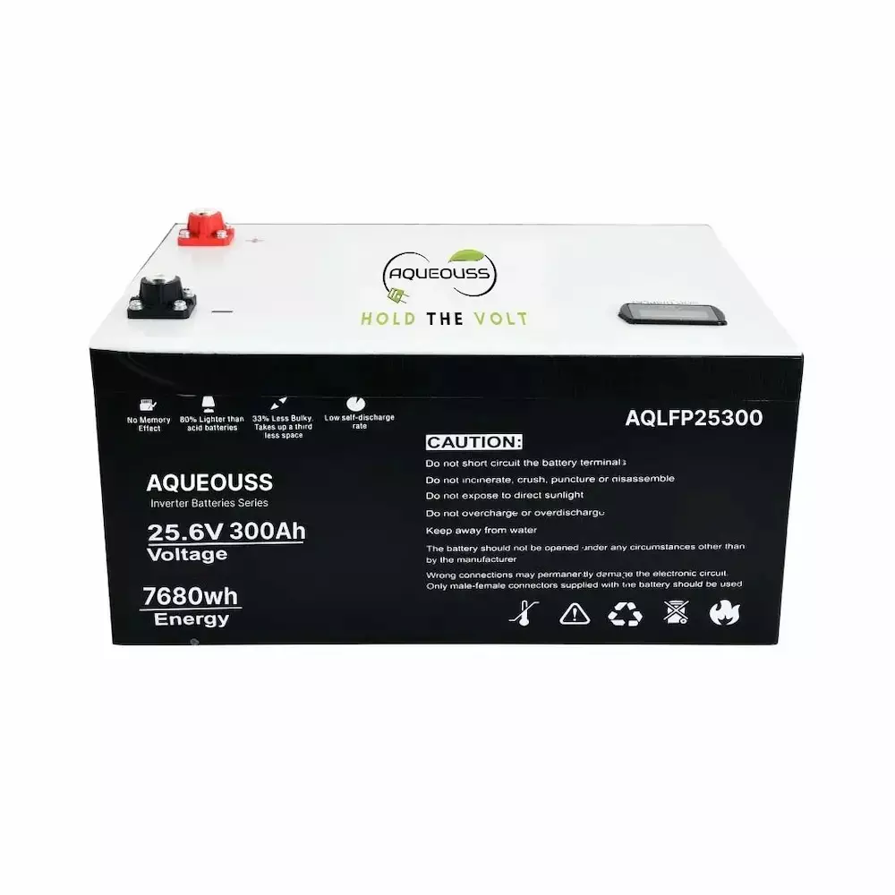 AQUEOUSS Inverter Battery LiFePo4 Series 300 Ah Capacity 25.6 V Voltage 7680 Wh Power, AQ-IN-25300