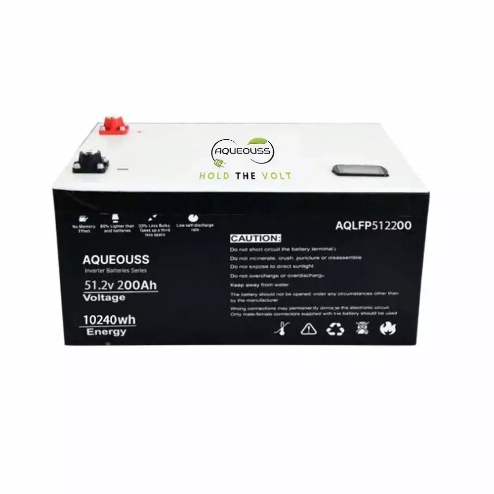 AQUEOUSS Inverter Battery LiFePo4 Series 200 Ah Capacity 51.2 V Voltage 10.24 KWh Power, AQ-IN-51200