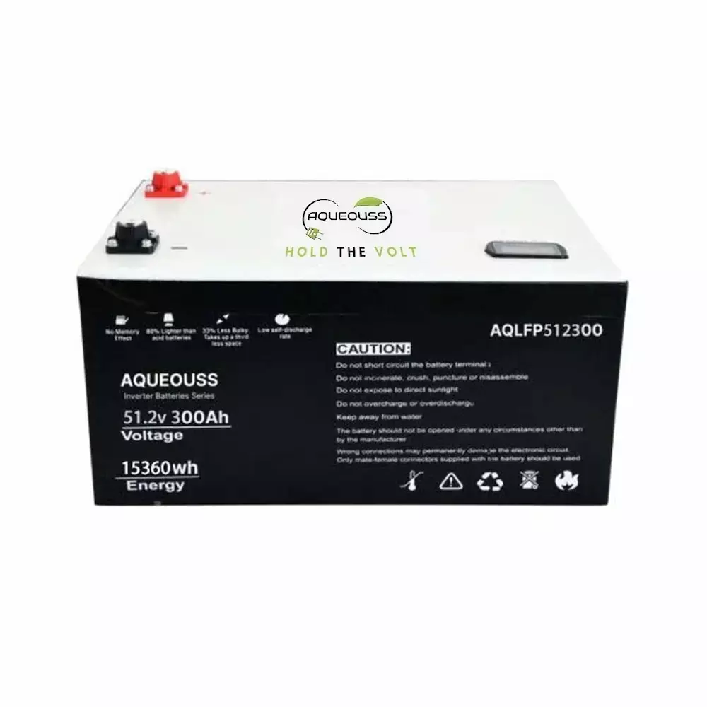 AQUEOUSS Inverter Battery LiFePo4 Series 300 Ah Capacity 51.2 V Voltage 15.36 KWh Power, AQ-IN-51300