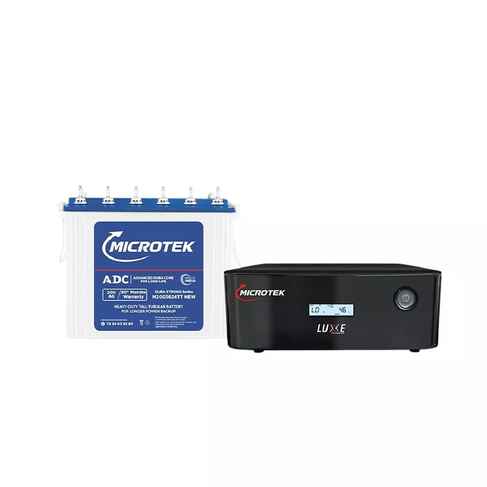 Microtek Inverter & Battery Kit 950 VA Rated Capacity Pure Sine Wave 200 Ah Battery Capacity for Home, Office & Shops, Microtek LUXE NEW 1200 + M2003624TT