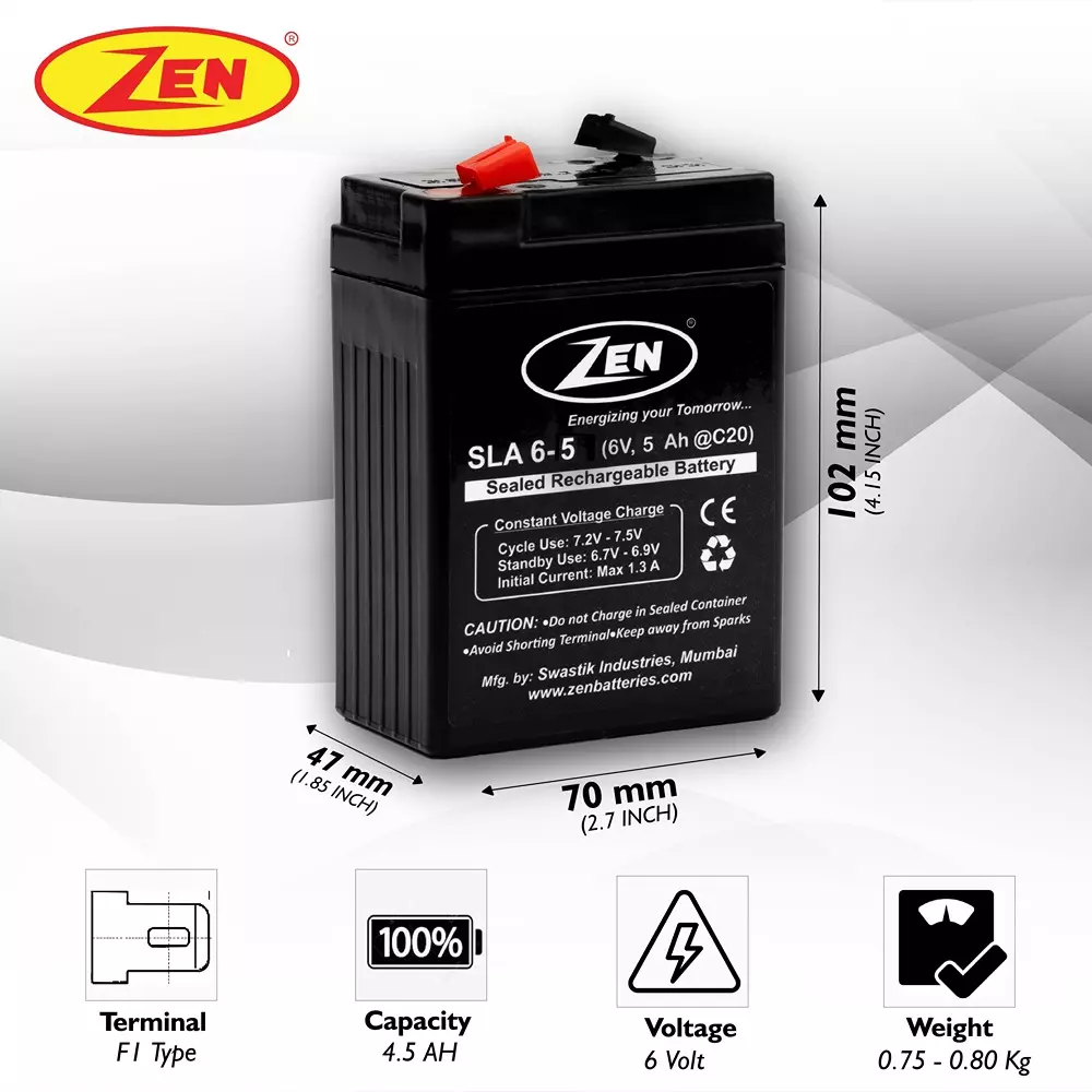Zen SMF VRLA Battery 5 Ah 6 V Black Rechargeable, Zen_SLA 6-5