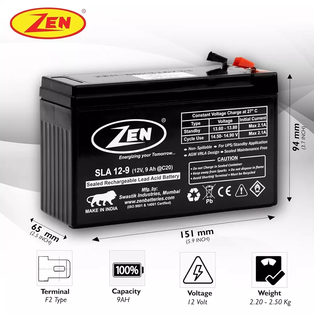 Zen SMF VRLA Battery 9 Ah 12 V Black Rechargeable, Zen_SLA 12-9