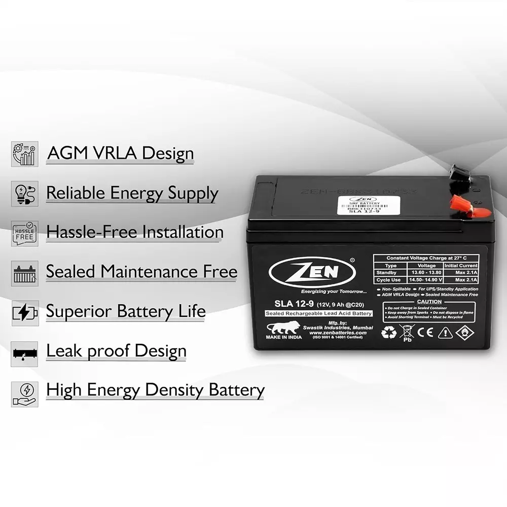 Zen SMF VRLA Battery 9 Ah 12 V Black Rechargeable, Zen_SLA 12-9