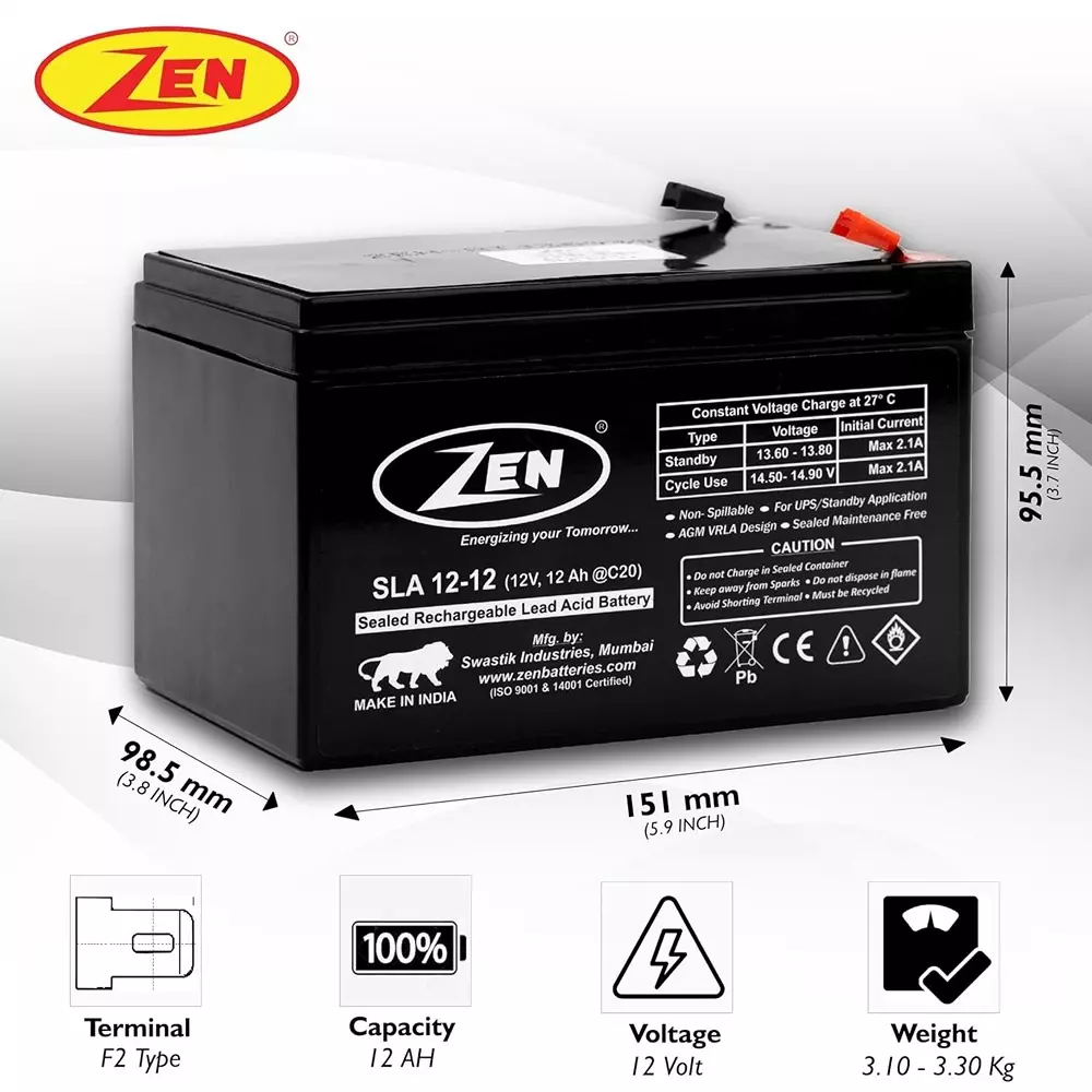 Zen SMF VRLA Battery 12 Ah 12 V Black Rechargeable, Zen_SLA 12-12