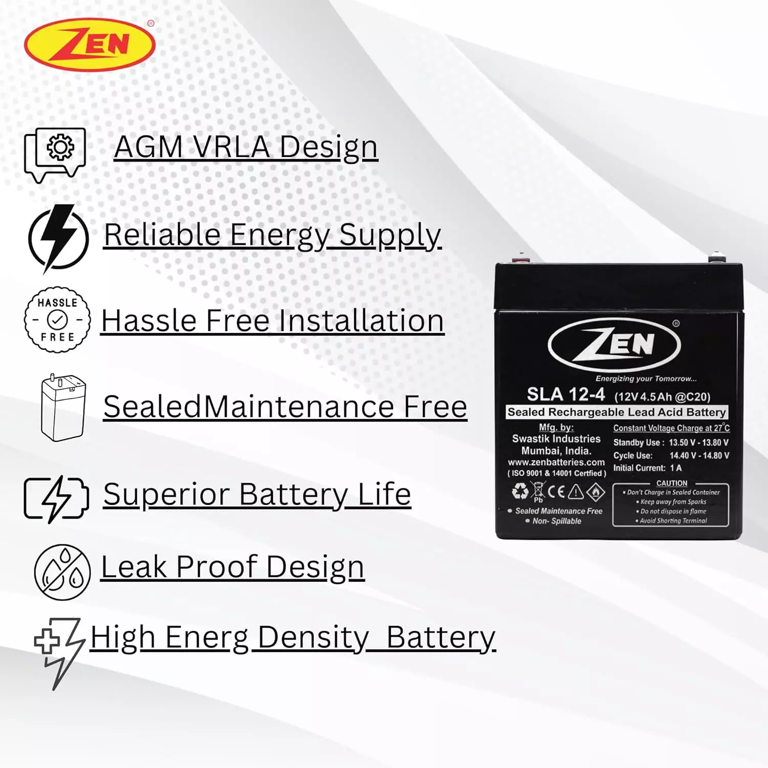Zen SMF VRLA Battery 4 Ah 12 V Black Rechargeable, Zen_SLA 12-4