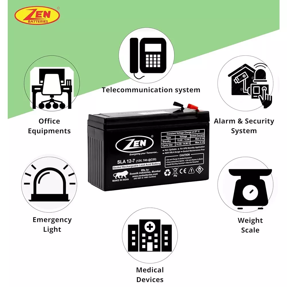 Zen SMF VRLA Battery 7 Ah 12 V Black Rechargeable, Zen_SLA 12-7