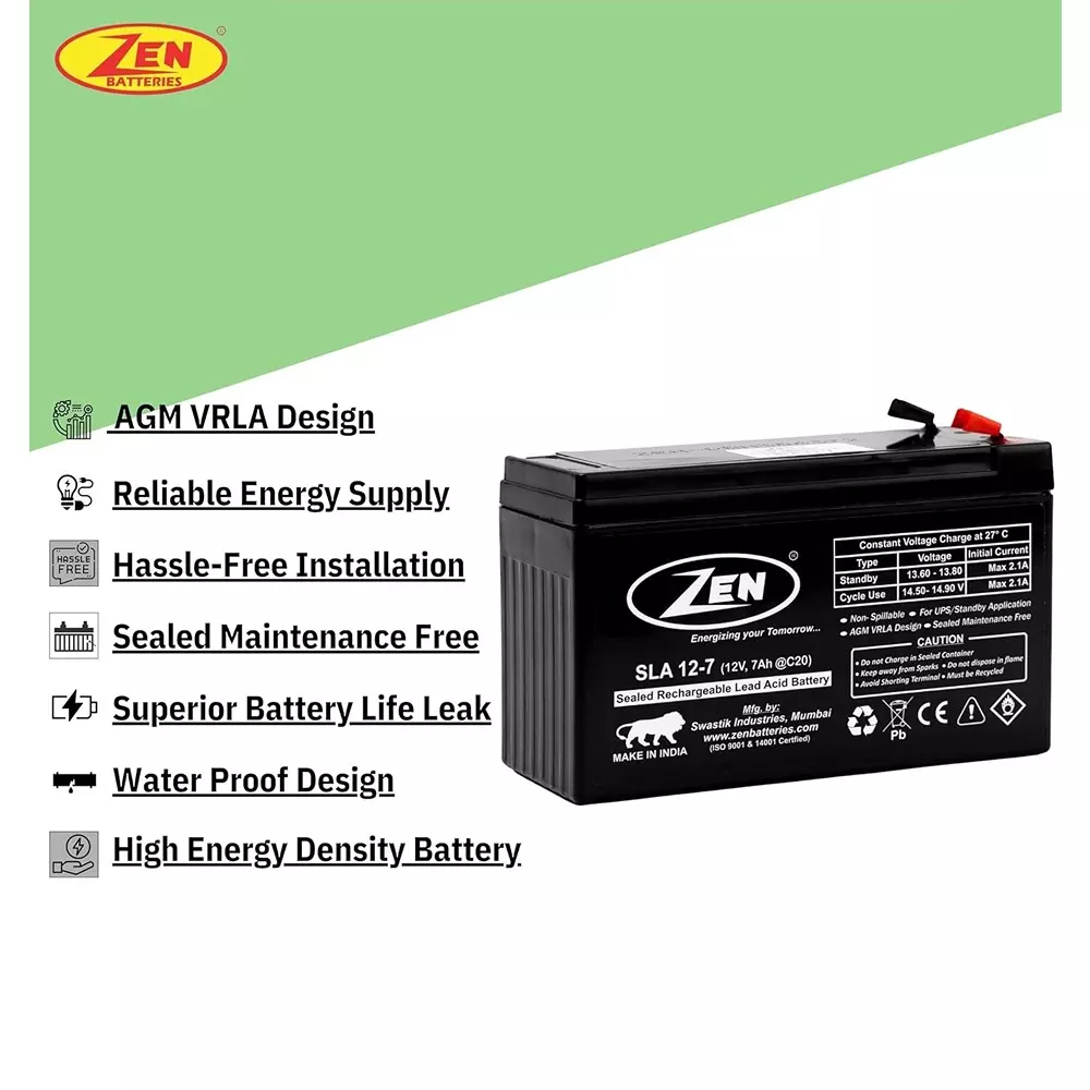 Zen SMF VRLA Battery 7 Ah 12 V Black Rechargeable, Zen_SLA 12-7