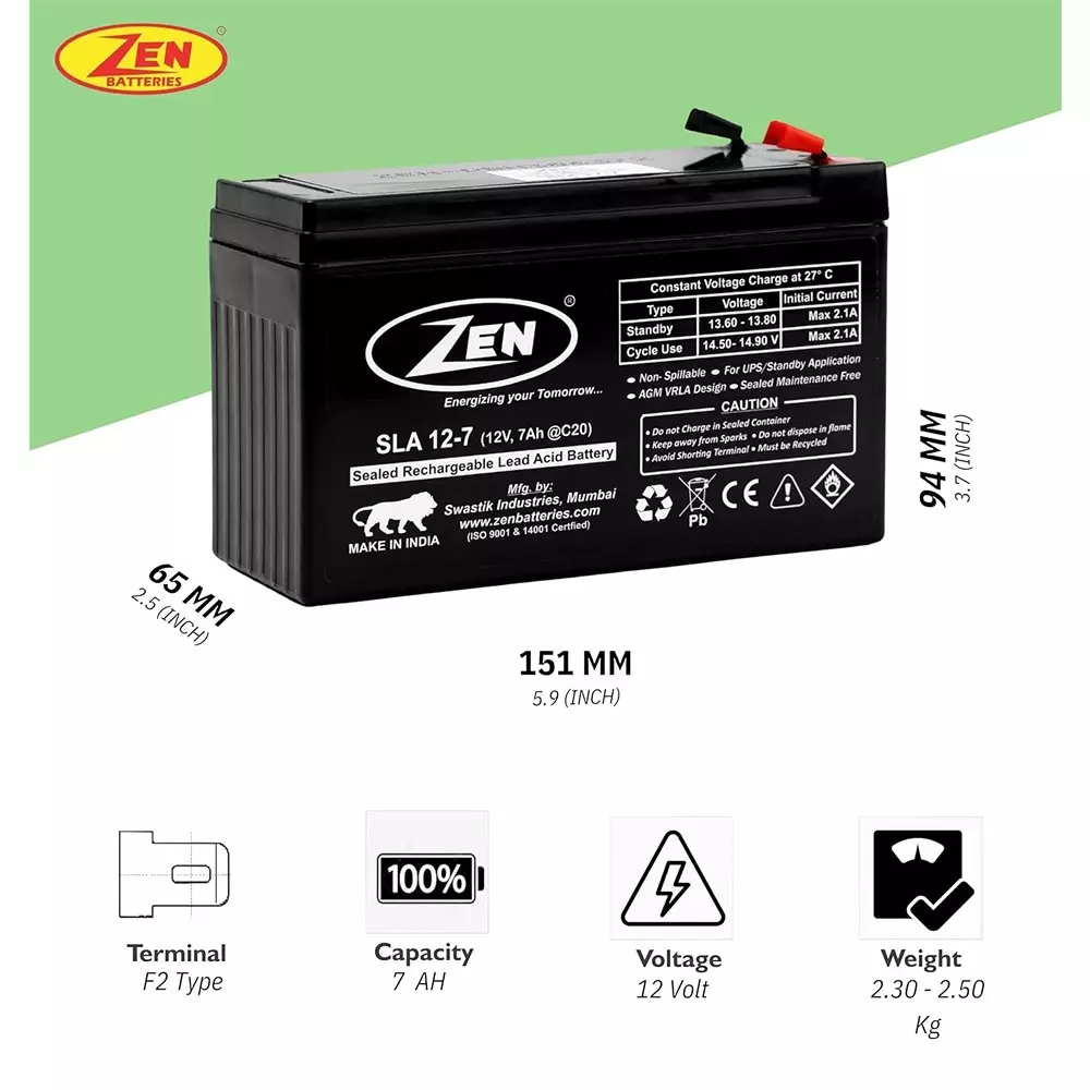 Zen SMF VRLA Battery 7 Ah 12 V Black Rechargeable, Zen_SLA 12-7