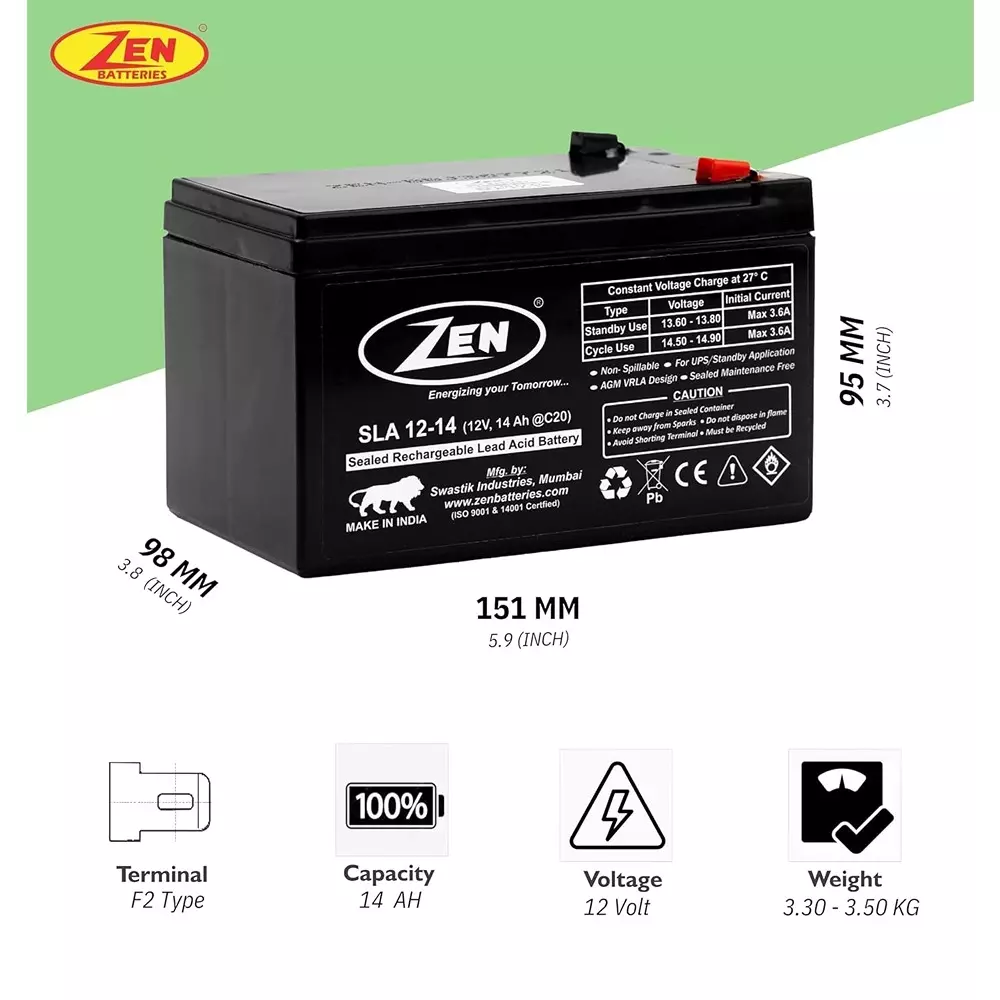 Zen SMF VRLA Battery 14 Ah 12 V Black Rechargeable, Zen_SLA 12-14