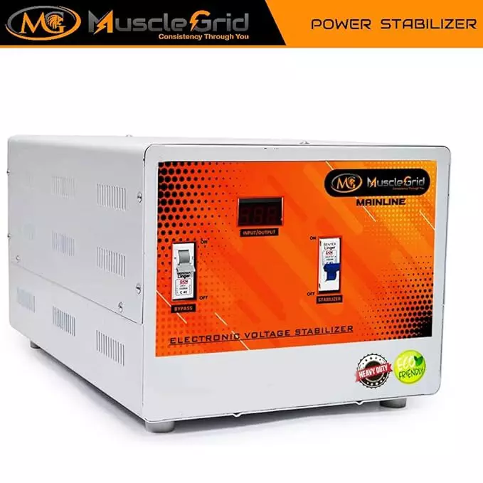 MuscleGrid 10KVA (100-500V) Double Phase/Single Phase Heavy Duty Mainline Voltage Stabilizer Copper Wired Orange