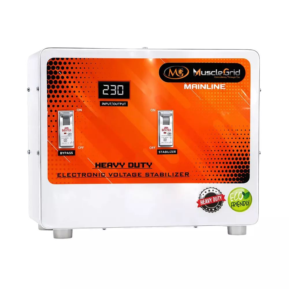 MuscleGrid 10KVA (50-270V) Single Phase Heavy Duty Automatic Mainline Voltage Stabilizer Copper Wired Orange