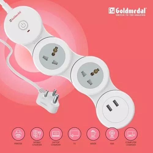 Goldmedal Caterpillar 3+1 Spike Guard 3-Pin Plug 1.8 m 2 Power Outlets White, 209052WHIT
