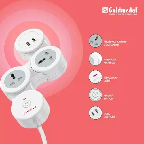 Goldmedal Caterpillar 3+1 Spike Guard 3-Pin Plug 1.8 m 2 Power Outlets White, 209052WHIT