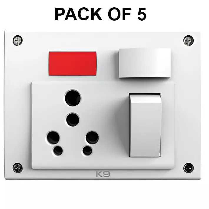 K9 Euro 5 In 1 Universal Switch Socket Combined with Fuse & Indicator 16 Amp White, 9655 (Pack of 5)