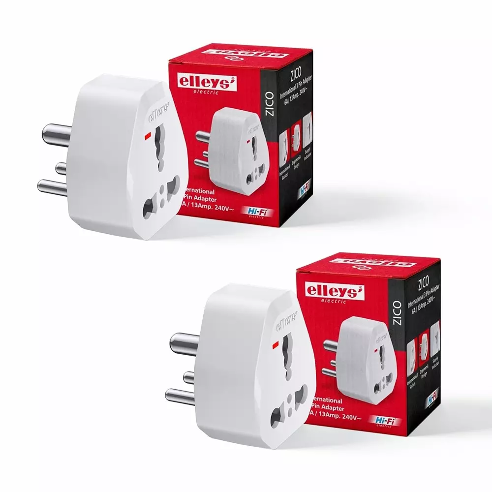 Elleys Zico 3 Pin Socket 6 A/13 A Current Type D Plug Adapter White (Pack of 2)