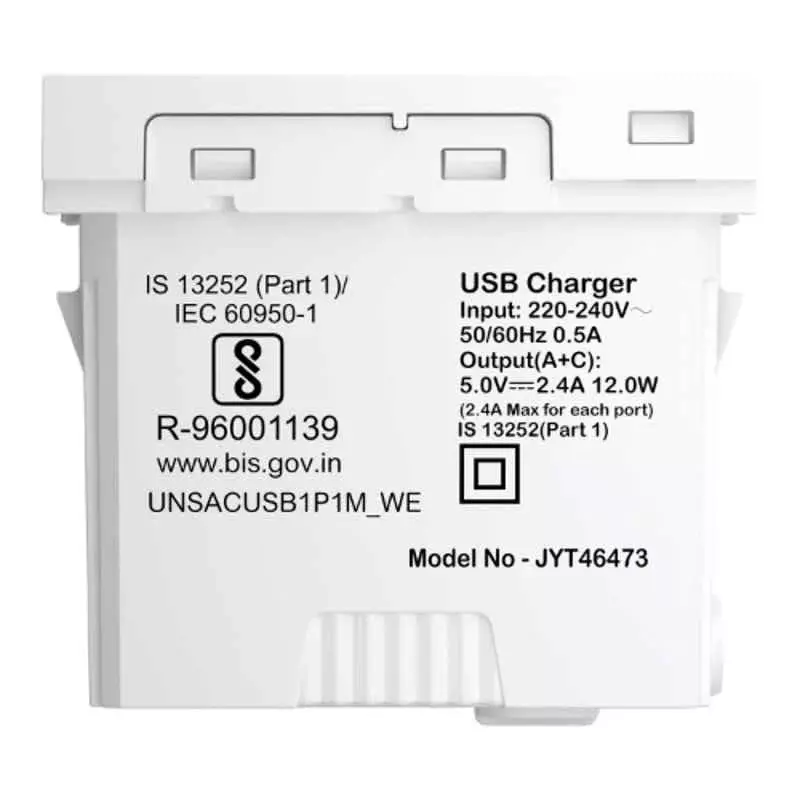 Schneider Electric Unica Pure White Type A + C USB Charger With 2.4 A Current and 5 V Voltage, UNSACUSB1P1M_WE