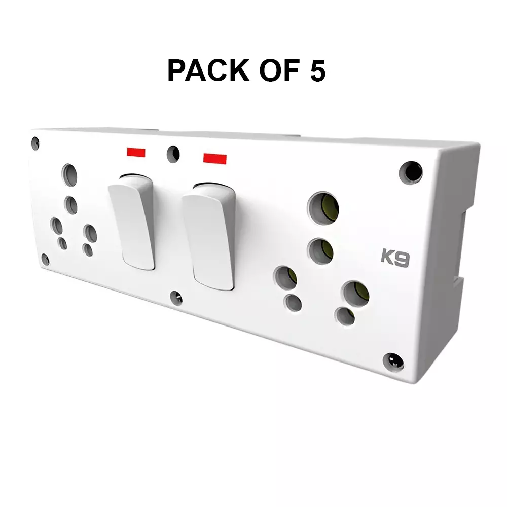 K9 Euro Double Combined Switch Socket Unit with Box 16 Amp White, 9652 (Pack of 5)
